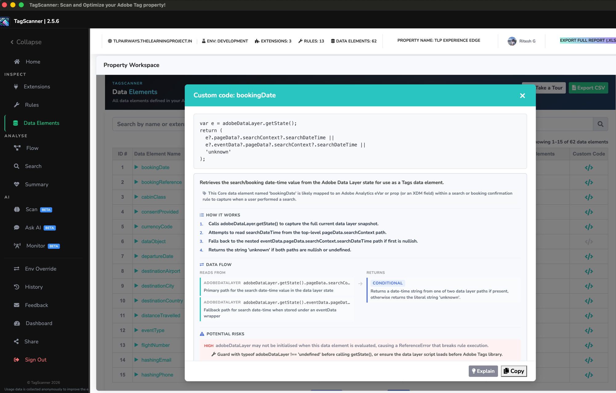 TagScanner custom code explanation showing data flow and risk flags for a data element