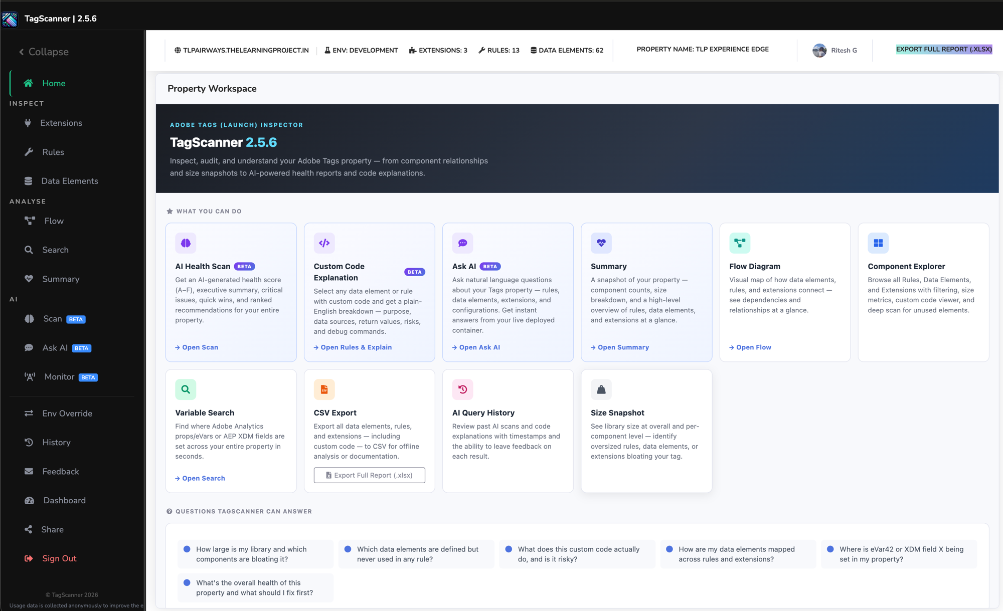 TagScanner property workspace overview showing all available inspection and analysis tools