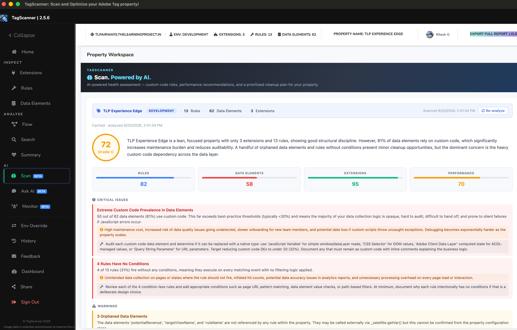TagScanner AI health scan showing a Grade C score with critical issues and recommendations